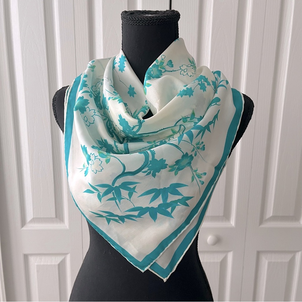 Floral Teal and White Print Silk Scarf from Japan